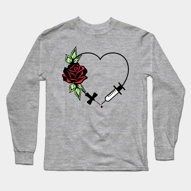 Phlebotomist Appreciation Floral Love Heart with Needle Long Sleeve T-Shirt by Caty Catherine